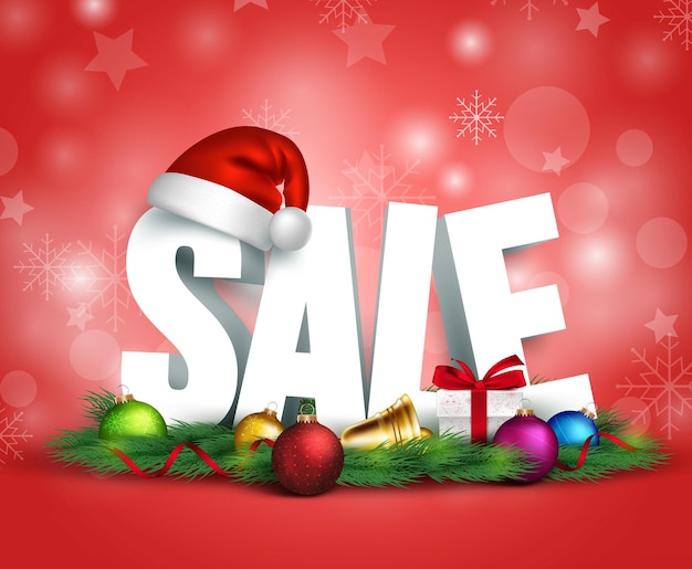 3d christmas sale text for promotion with a christmas hat  and decorations in red background