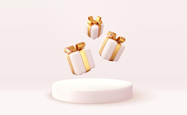 3d christmas style product podium scene with flying falling white gift box with gold bow merry christmas and new year festive banner design greeting card 3d rendering vector illustration