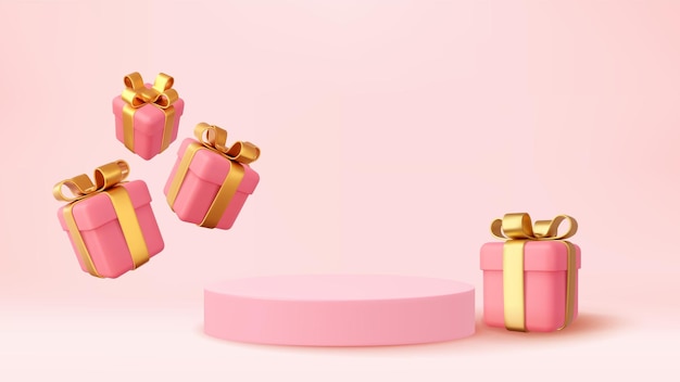 3d christmas style product podium scene with flying falling white gift box with gold bow merry christmas and new year festive banner design greeting card 3d rendering vector illustration