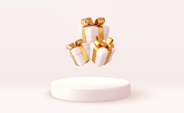 3d christmas style product podium scene with flying falling white gift box with gold bow merry christmas and new year festive banner design greeting card 3d rendering vector illustration