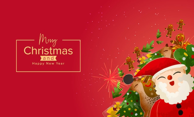 산타와 크리스마스 트리 3d 크리스마스 수채화 배너 디자인