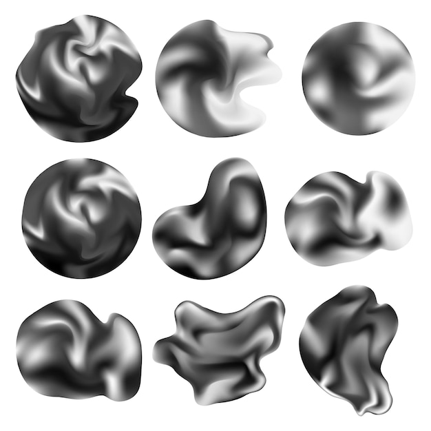 Vector 3d chrome abstract liquid shapes collectiondifferent abstract metal objects set vector elements