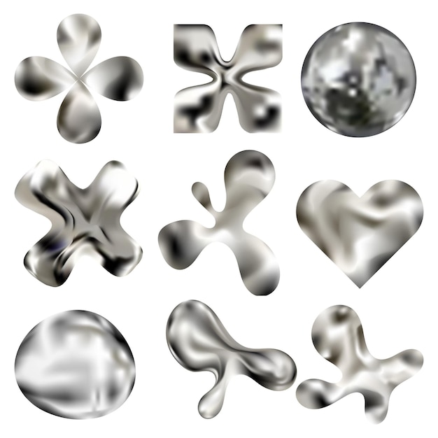 3d chrome glossy abstract shapes set Liquid metallic different forms Vector