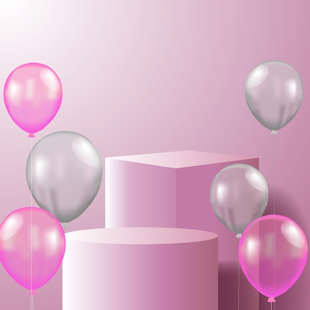 3d cilinder en kubus podium voetstuk product display met vliegende helium pastel roze kleur