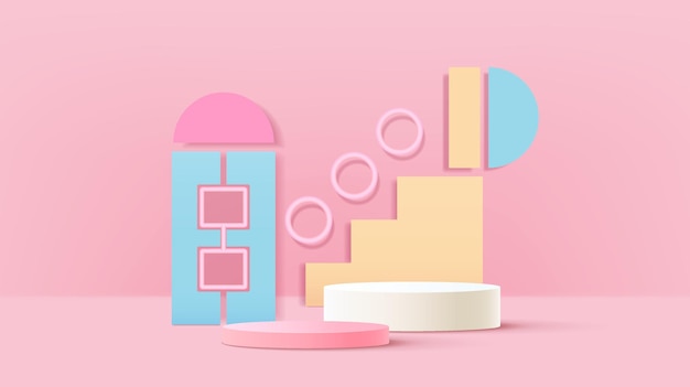 3D cilinder staan podium met geometrische vormen lagen scène achtergrond Abstracte minimale muur scène voor product podium showcase promotie display Vector pastel geometrische vormen