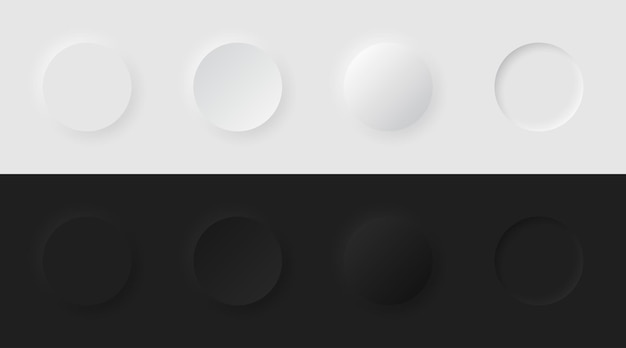 meumorphism 스타일의 3D 원형 버튼 밝고 어두운 테마 벡터 템플릿