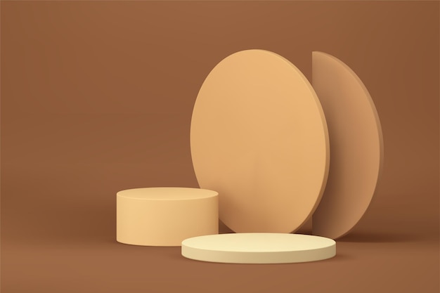 3D-cirkel podium beige neutraal voetstuk voor commercieel product promo reclame realistische vectorillustratie Trendy pastelbruine minimalistische esthetische cilinderstandaard met ronde muurachtergrond