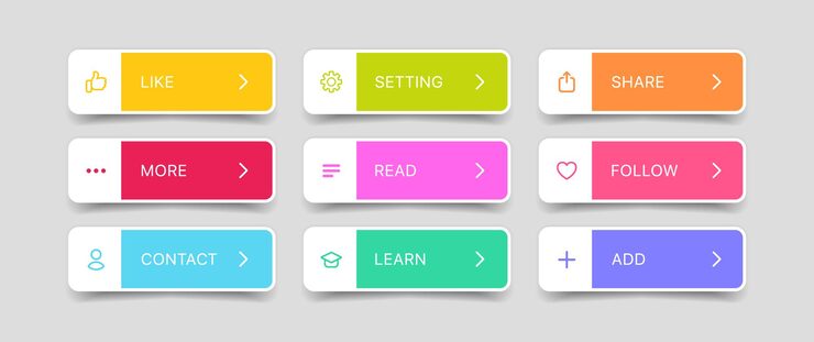 Vector 3d click here web buttons set of action button hand cursor and arrow pointing click link buttons