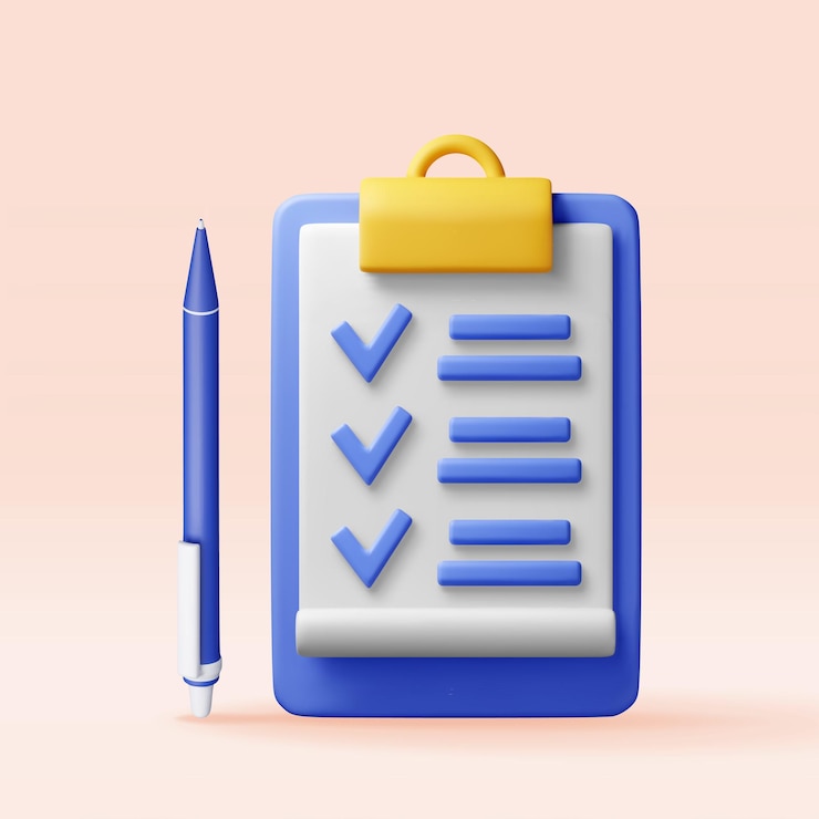 Vector 3d clipboard holder with checklist symbol and pen