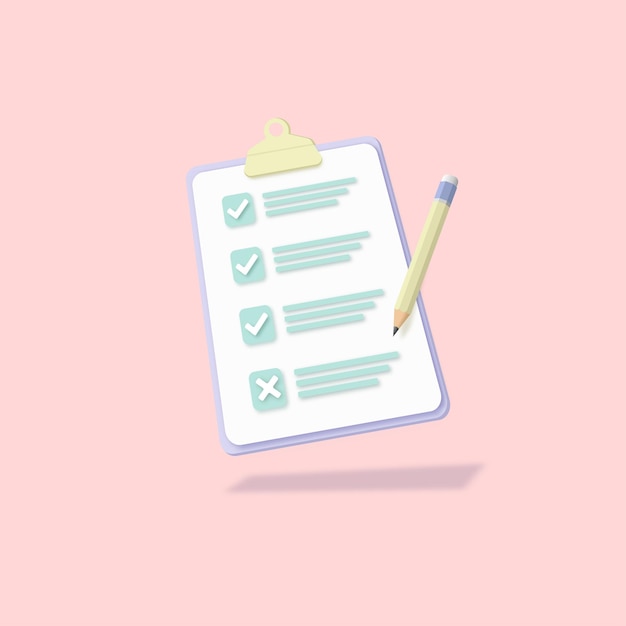 3D Clipboard and pencil pastel color with checklist on pink background Notepad icon minimal design Vector illustration