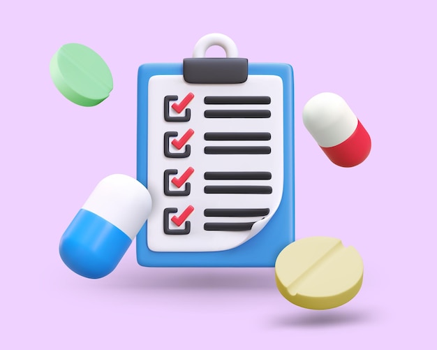 3D clipboard pills List of medications to be taken Notes on performed procedures