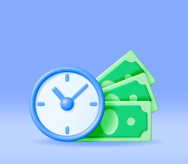 3D Clock with Dollar Banknotes Isolated