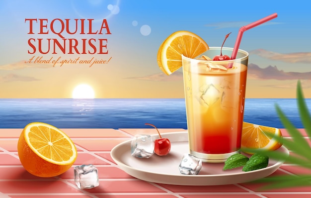 3d cocktail ad with beach scene