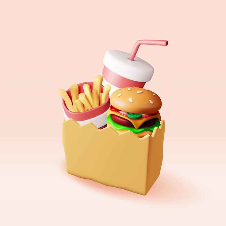 Vector 3d cola with fries and cheeseburger in paper bag