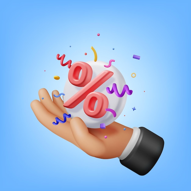 3D Color Confetti Around Percent Sign in Hand