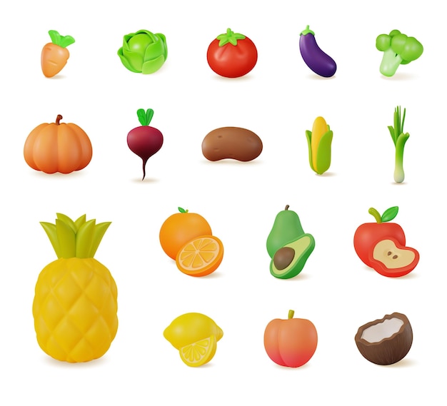 3d カラー 異なる新鮮な野菜と果物セット カートゥーンスタイルベクトル