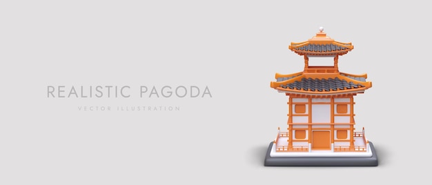 Pagoda colorata 3d su bandiera grigia edificio sacro cultura asiatica memoriale vettoriale realistico poster per viaggi pubblicitari in asia conoscenza dell'architettura mondiale