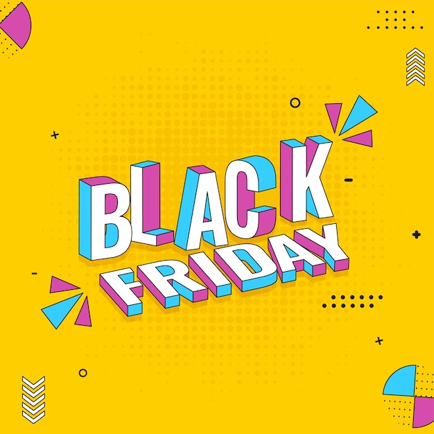 3d colorful black friday text against chrome yellow halftone effect background