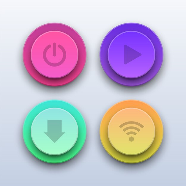 3D красочные кнопки. Кнопки Power, Play, Download и Wifi.