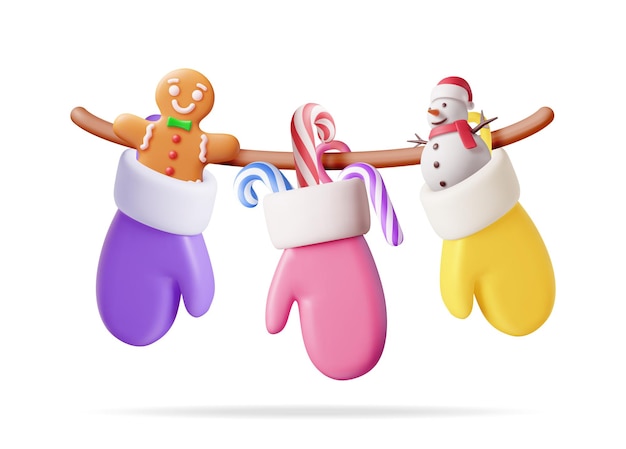 Vettore guanti colorati 3d appesi allo stendibiancheria render guanto da babbo natale con bastoncino di zucchero pupazzo di neve omino di pan di zenzero appeso decorazioni natalizie celebrazione di capodanno illustrazione realistica di vettore