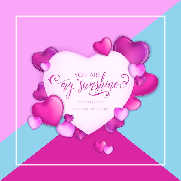 3d colorful hearts for happy valentines day hand drawn lettering design, love card vector illustration, wedding party flyer or poster