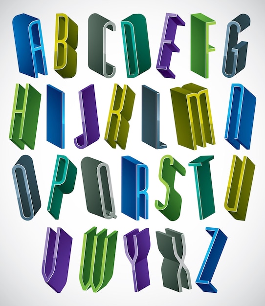 3d colorful letters tall and thin alphabet, dimensional geometric font in blue gray and green colors, bright and glossy letters for design and advertising.