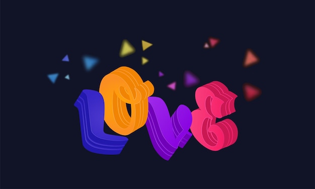 Testo d'amore colorato 3d con coriandoli triangolari su sfondo blu scuro.