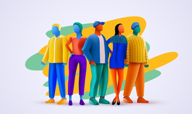 Vector 3d colorful people standing together team or friendship concept