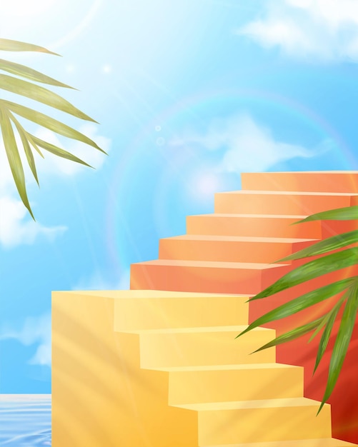 3d colorful staircase backdrop Illustration of outdoor stairway in the pool on a hot sunny day