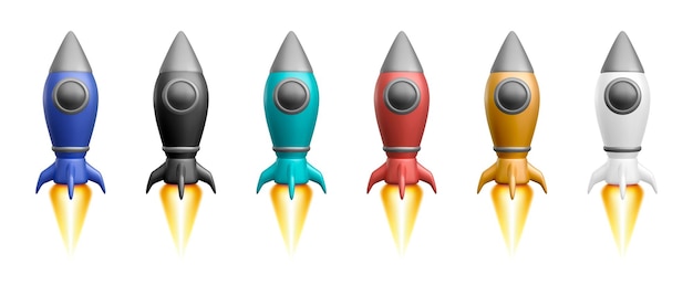 3d colour rocket set Realistic space ship isolated on a white background Vector illustration