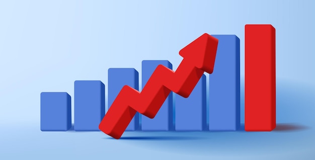 Vector 3d composition of bar chart with volume red arrow business strategy investment illustration