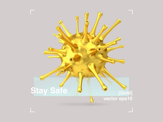 Vettore composizione 3d di vetro e virus dell'oro in uno stile di design moderno. banner covid-19 pandemic stay safe.