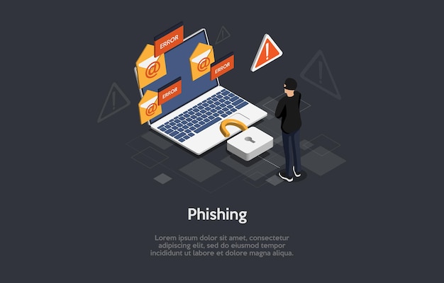 3d composition, isometric art. online internet phishing danger idea.