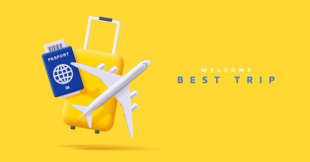 3d composition with travel suitcase plane and passport render illustration in yellow colours