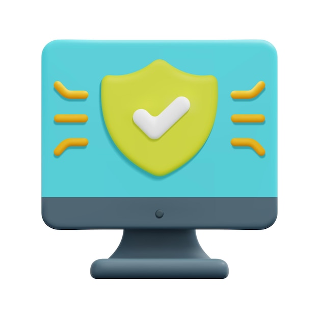 3d computer with security shield icon vector Isolated on white background 3d cyber security data protection and internet security concept Cartoon minimal style 3d icon vector render illustration