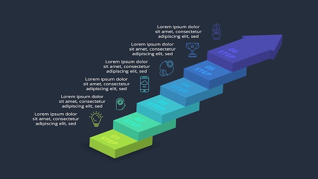 Vettore concetto 3d per infografica con 6 passaggi opzioni parti o processi modello per il web su sfondo nero