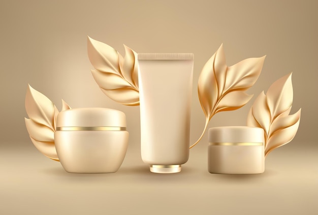 3D-cosmetica achtergrond goud crème vector pakket mockup met realistische bladeren Elegante cosmetische scène