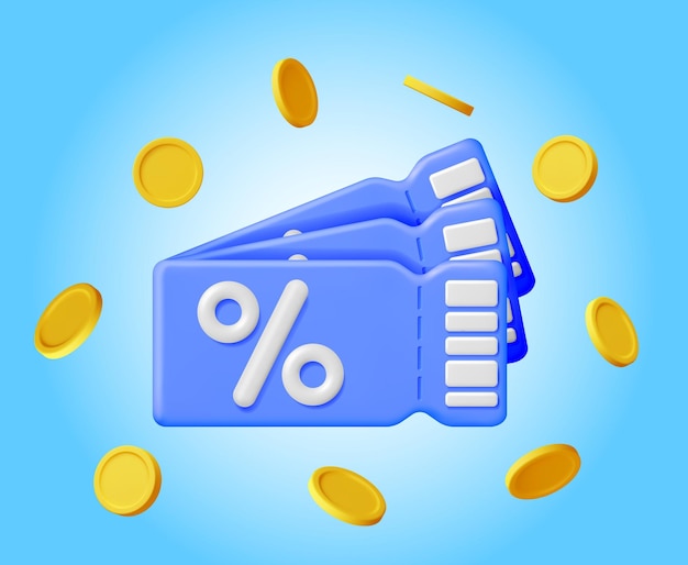 3d coupon with percent symbol and coins