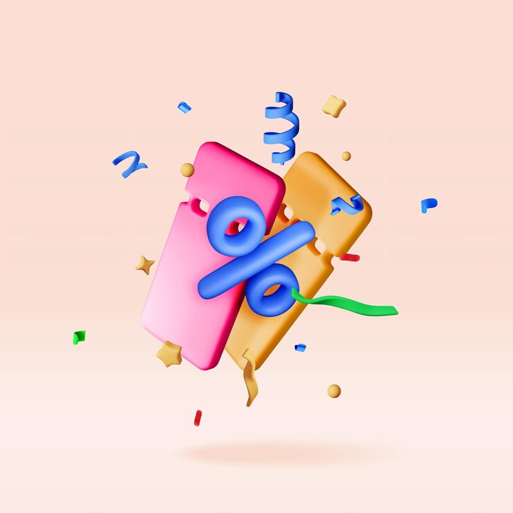 Vector 3d 쿠폰과 퍼센트 기호와 콘페티