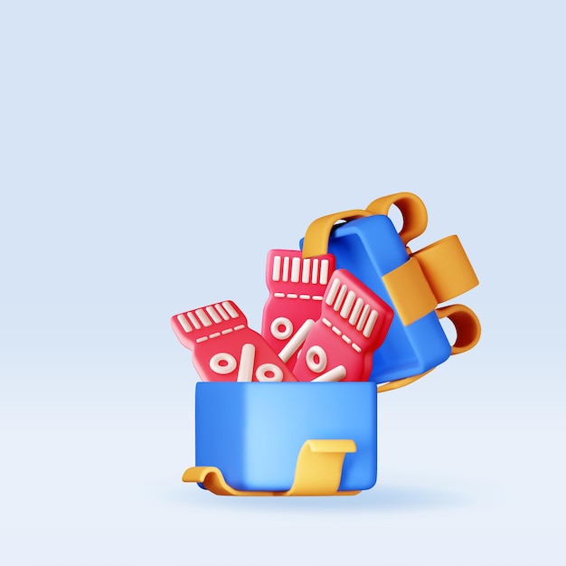 3d coupon with percent symbol in gift box isolated