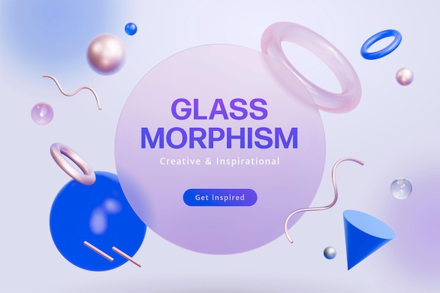 3d creative glassmorphism background design composition of flying circle disk with sphere cone shape ring and metallic wavy sticks