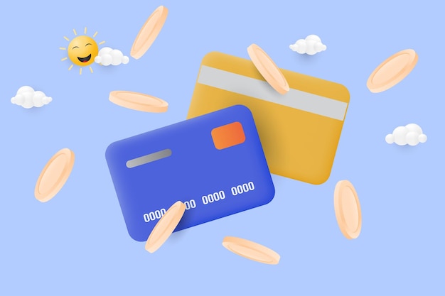 Carta di credito 3d e monete che galleggiano nell'aria concetto di pagamento online illustrazione vettoriale 3d