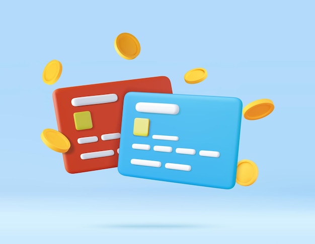 3d Credit card floating coins around online payments credit or debit card concept money transfer Financial transactions 3d rendering Vector illustration