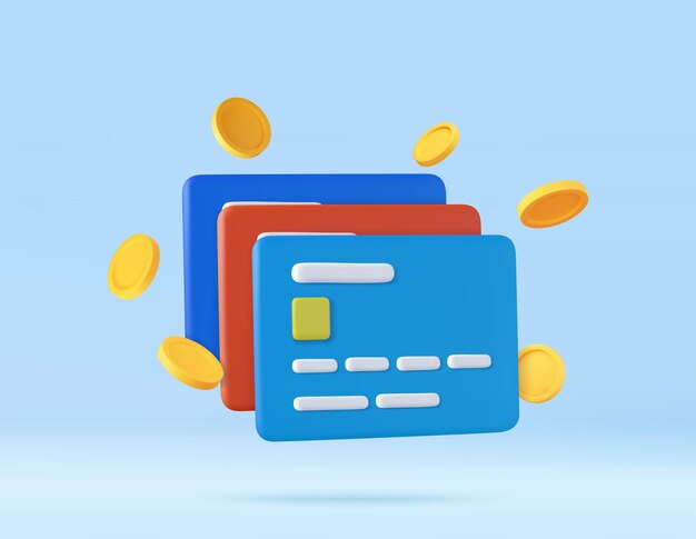 3d Credit card floating coins around