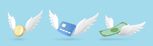 3D 신용 카드 금 동전과 파란색 배경에 고립 된 날개를 가진 달러 지폐 잃어버린 돈 개념