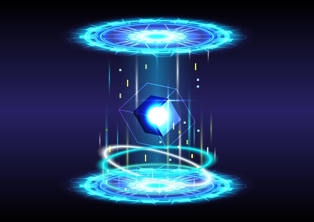 Vector 3d cube abstract background portal and hologram science futuristic scifi digital hitech collection in glowing hud magic gate in game fantasy circle teleport podium gui ui virtual reality