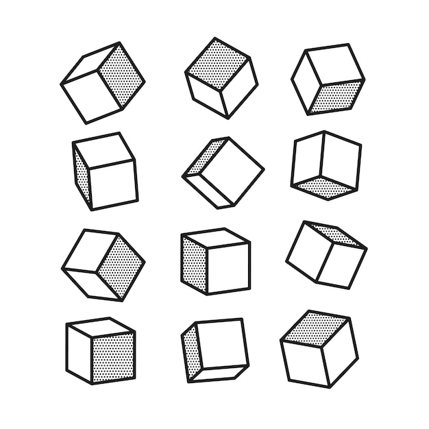 Vector 3d cube in pop art style in black and white