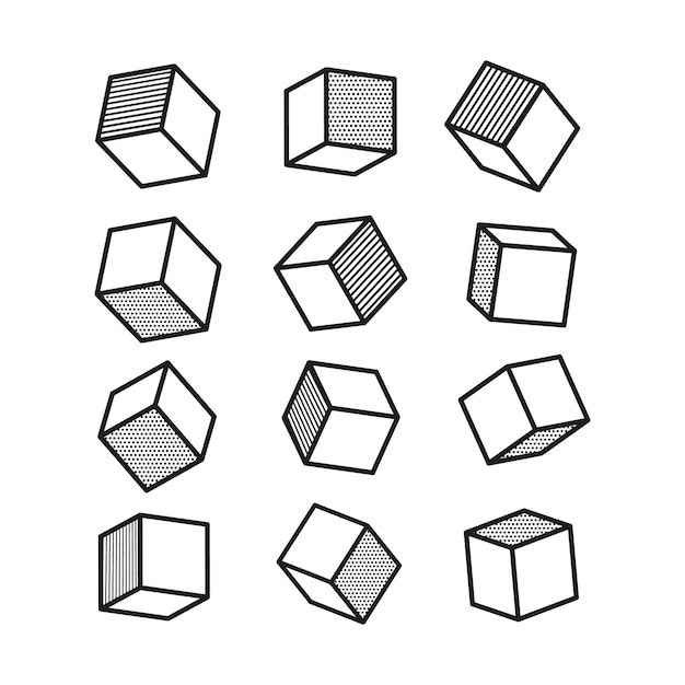 Vector 3d cube in pop art style in black and white.