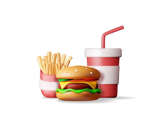 3d cup of cola with fries and cheeseburger