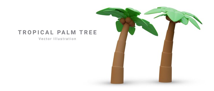 Vector 3d cute cartoon tropical palm tree realistic jungle tree on blue background summertime object vector illustration
